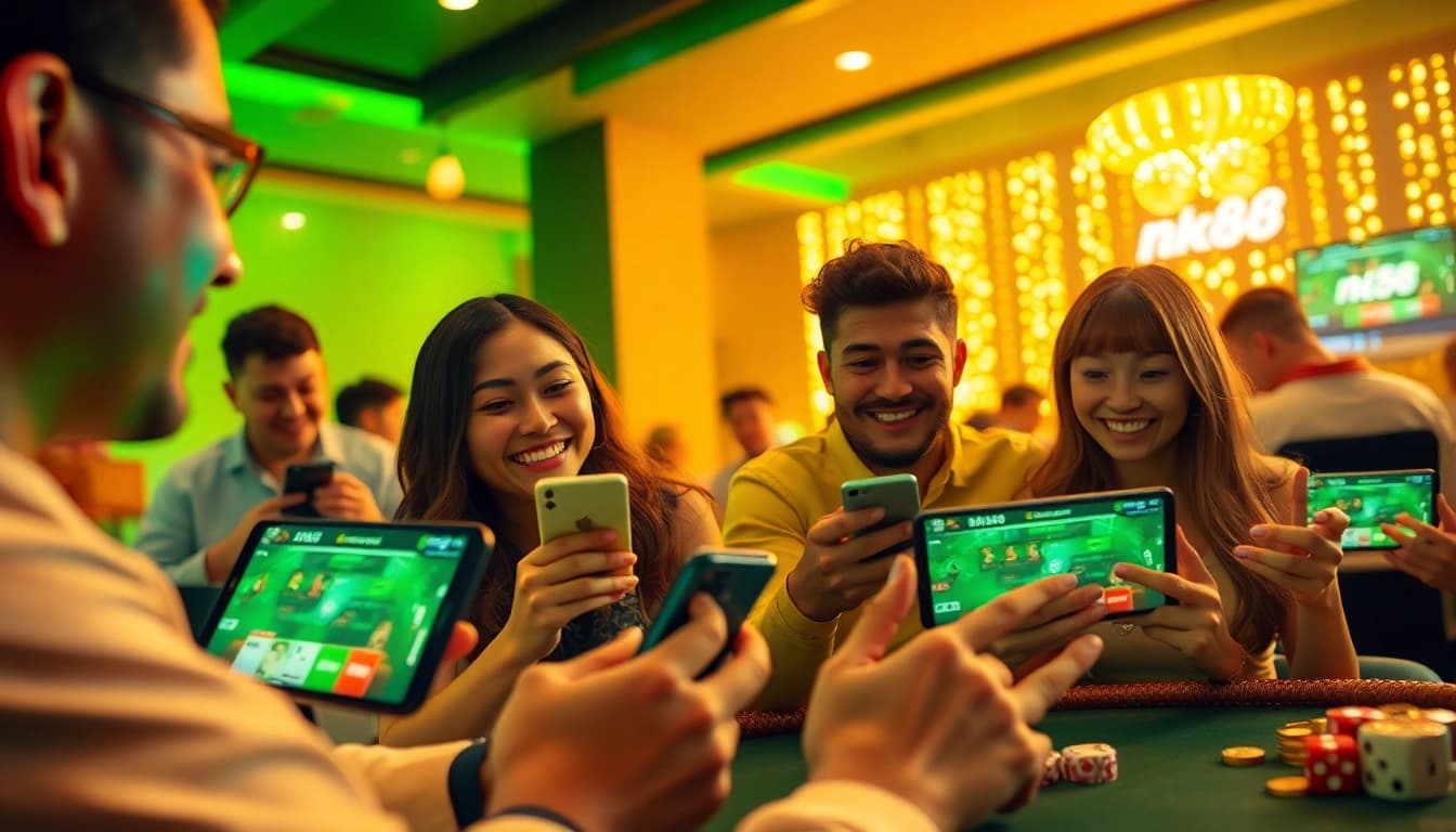 Exciting gaming scene featuring players engaging with nk88 app, capturing moments of joy and strategy.