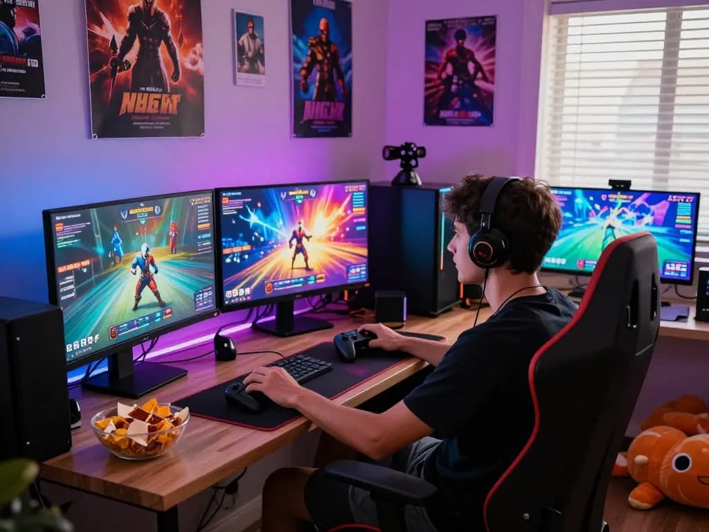 Engaging scene of a gamer playing porn games online with vibrant graphics and a cozy atmosphere.
