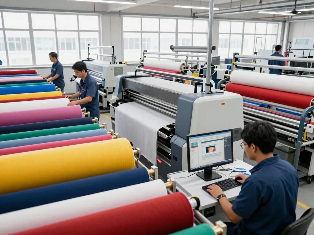 Sunwin textile production showcasing skilled workers and advanced machinery in a vibrant textile facility.
