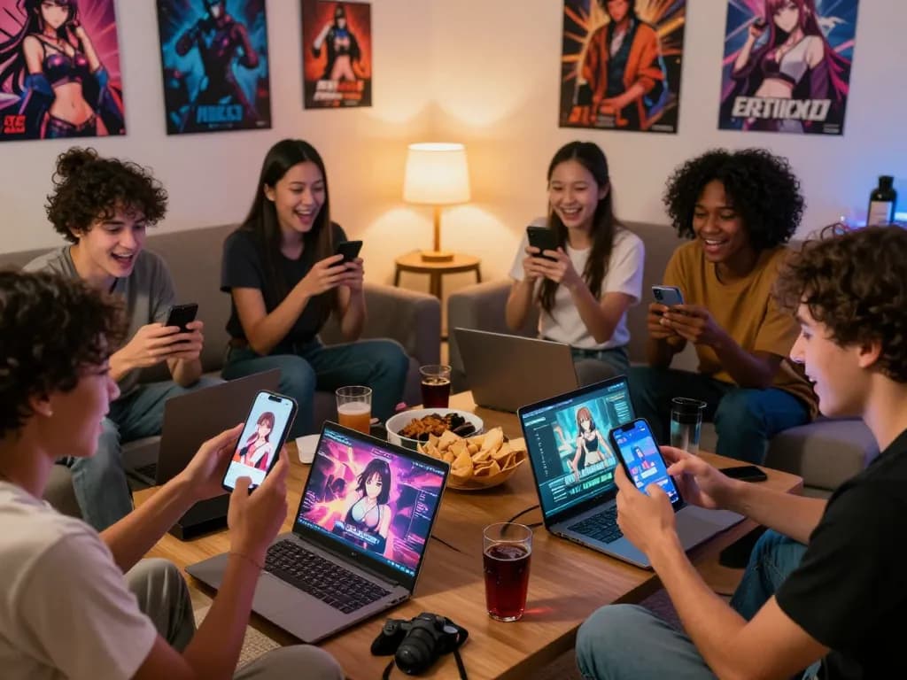 Friends enjoying a lively gaming night playing adult visual novel porn games on various devices