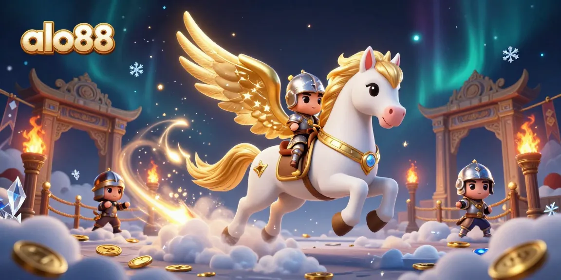 Experience epic gaming at alo88 with a celestial horse and armored knight amidst a vibrant casino scene.