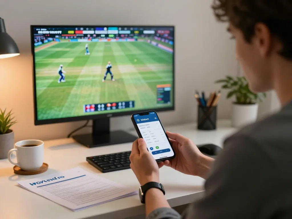Person excitedly using the Winbd.io betting app for sports betting while tracking live cricket.