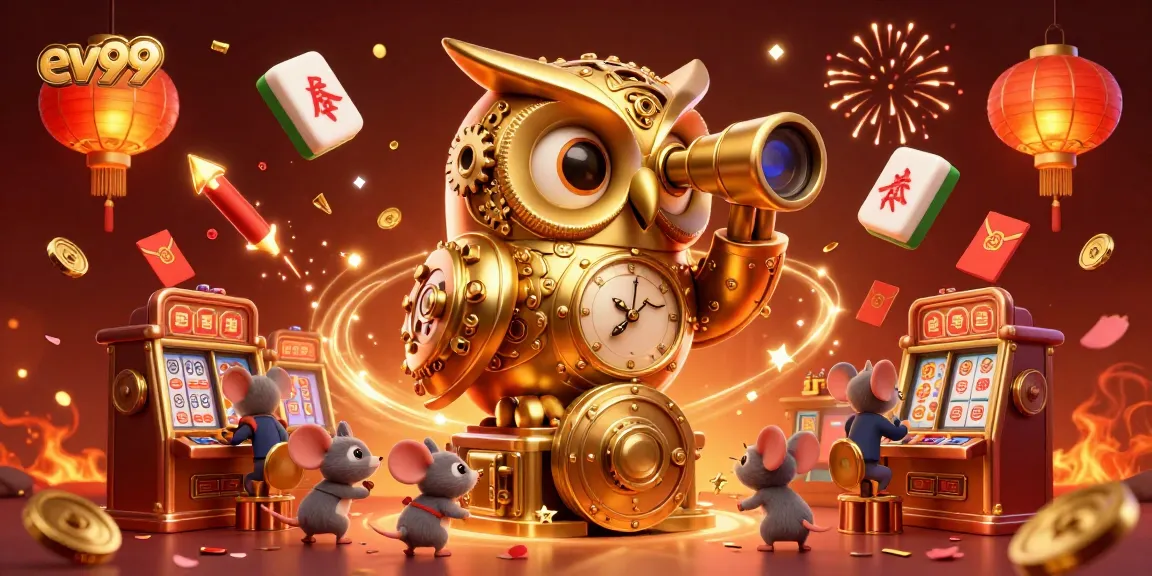 Experience excitement at ev99 with a golden owl overseeing a bustling casino scene amidst vibrant decorations.
