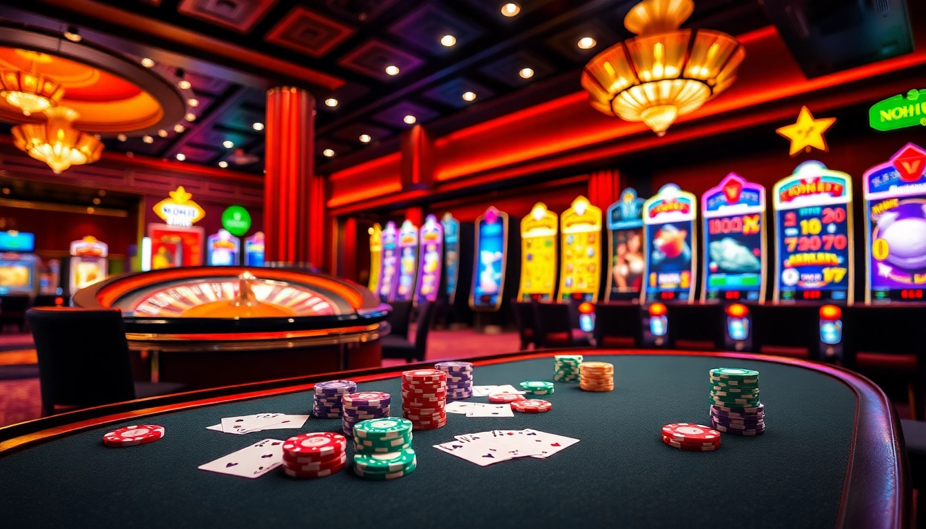 Nohu90 casino gaming table showcasing vibrant poker chips and exciting slot machines.