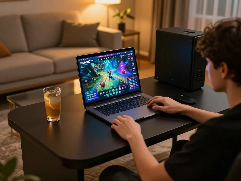 Nohu90 player engaging with online games in stylish home setup.