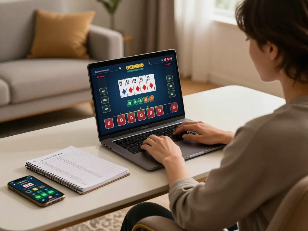 LV88 player strategizing in online poker game with laptop and notes at home.
