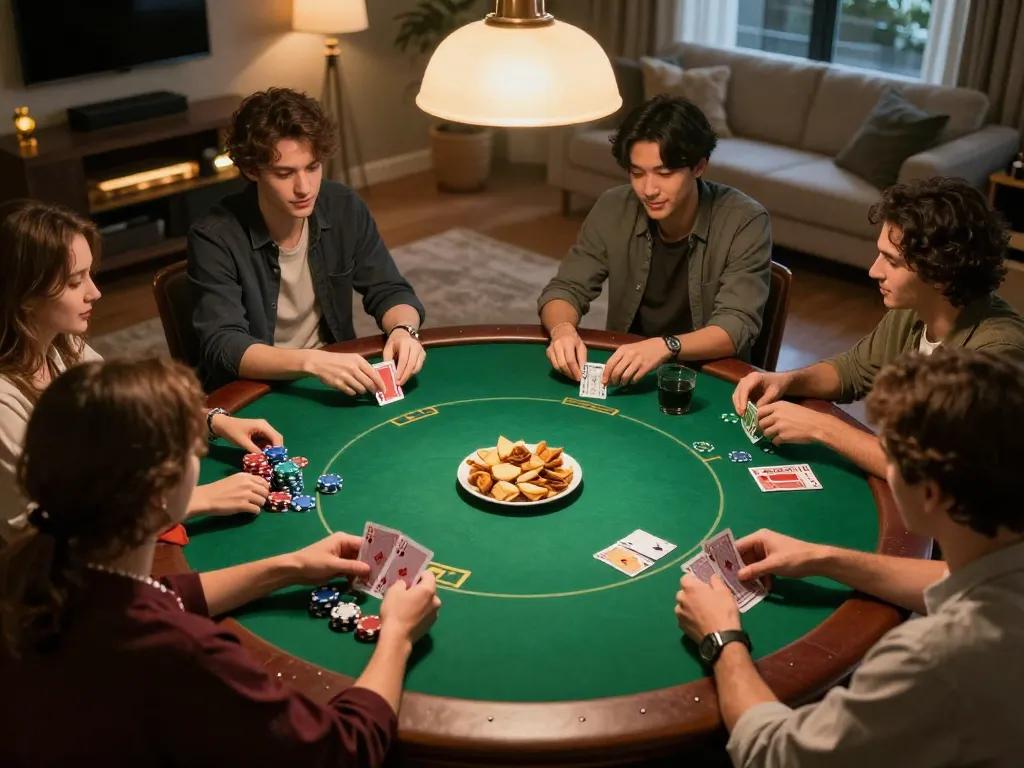 Engaging poker game scene featuring players' hands at the table, focused on friendly competition, showcasing vuabet88i.