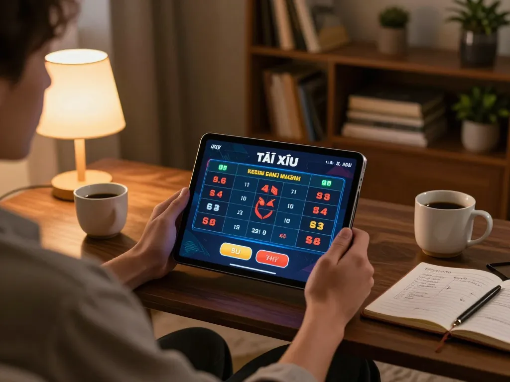 Tai Xiu online betting activity at home using a tablet, showcasing taixiuonline8 interface and gambling strategy notes