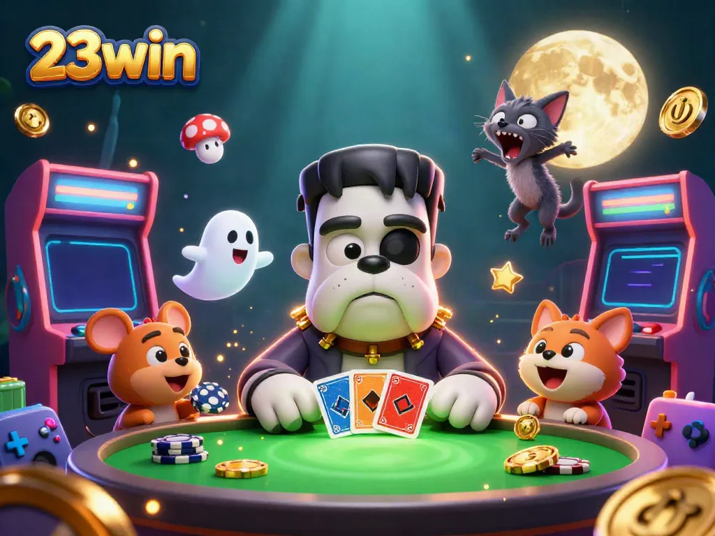 Engage in thrilling 23win gameplay with a cartoon Frankenstein bulldog at a spooky casino table.