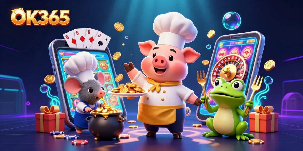 Experience the excitement of OK365 with a vibrant 3D casino scene featuring gold coins and interactive gaming elements.
