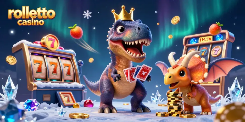 Experience rolletto casino thrills with a friendly T-Rex, stacking chips and spinning slots.