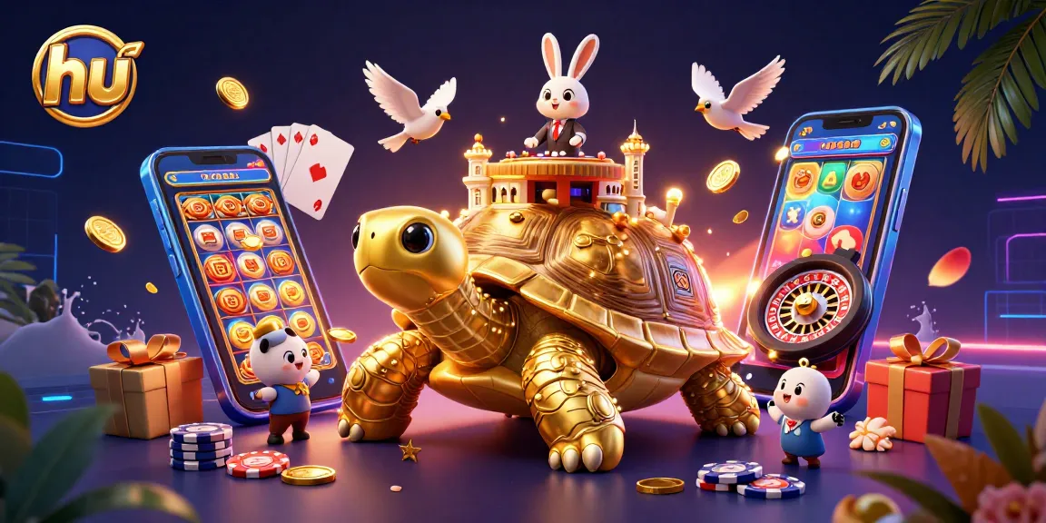 Experience hu with thrilling casino games as birds fly coins around a tortoise casino scene.