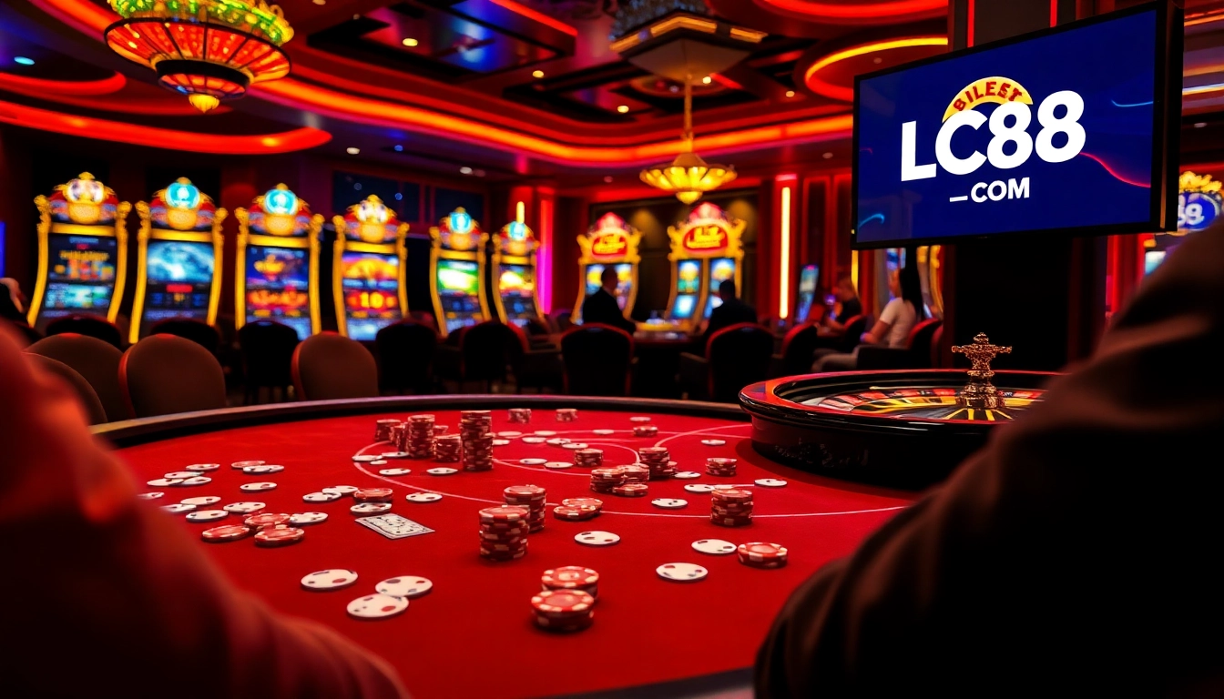 Experience thrilling gameplay at LC88.COM poker tables amidst a vibrant casino setting.