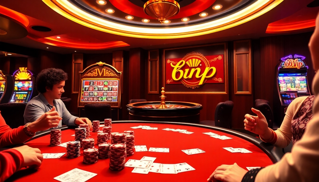 Players engage in an exciting poker game at 68VIP casino, surrounded by vibrant chips and cards.