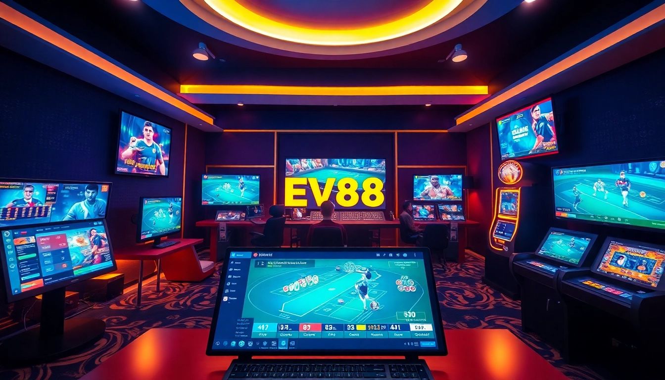 Experience the thrill of online gaming with ev88win.live, featuring vibrant casino scenes and interactive games.