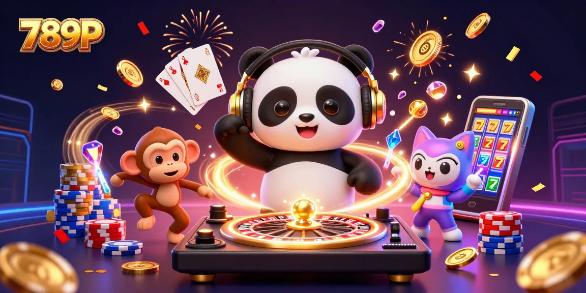 Experience thrilling gameplay with 789P's vibrant casino scene featuring a DJ panda, breakdancing monkey, and excitement all around.
