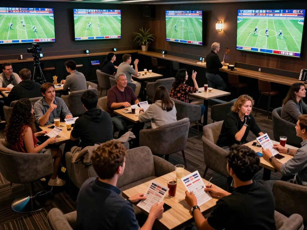 Fans placing bets and enjoying footballl games in a vibrant sports betting lounge