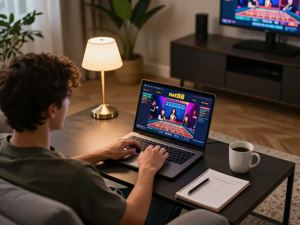 Person playing on net88 online casino laptop at home, strategic environment with coffee and betting notes.