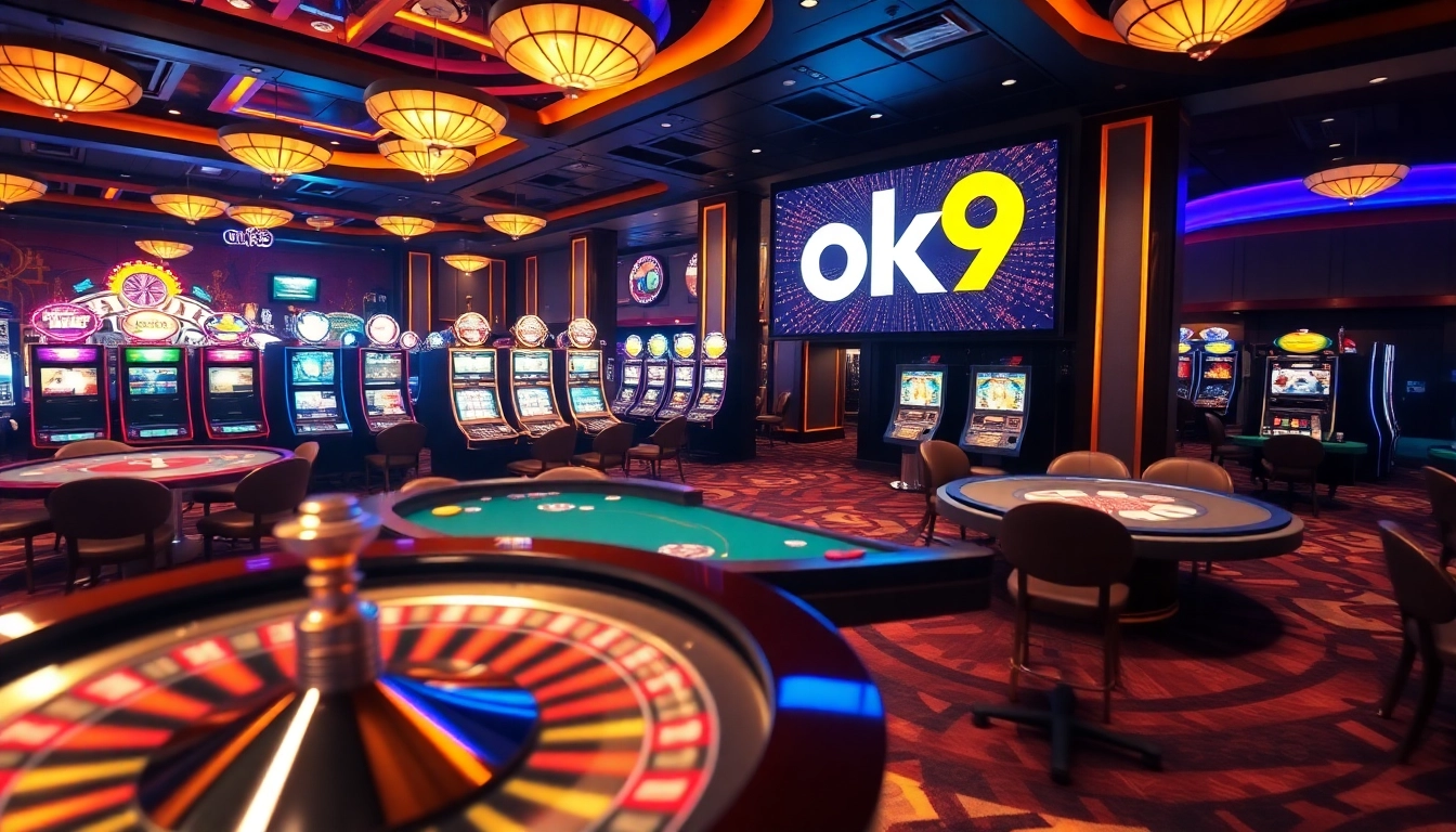 Exciting gambling atmosphere featuring poker, roulette, and slot machines at ok9 casino.