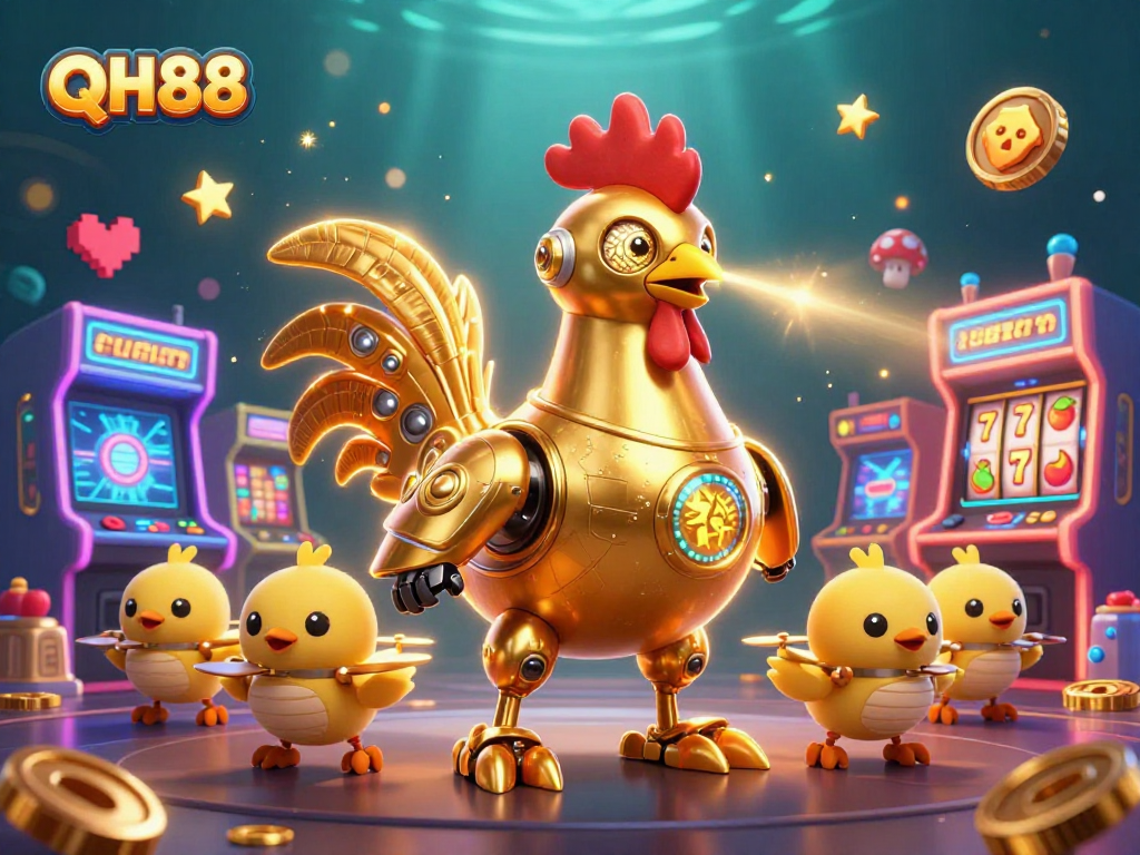Engage in vibrant casino action with QH88 as the golden rooster robot beams excitement amid colorful arcade game elements.