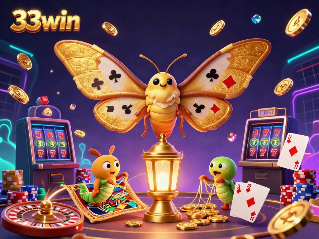 Spin the reels and win big with 33win in this vibrant casino scene featuring a majestic moth and golden treasures.