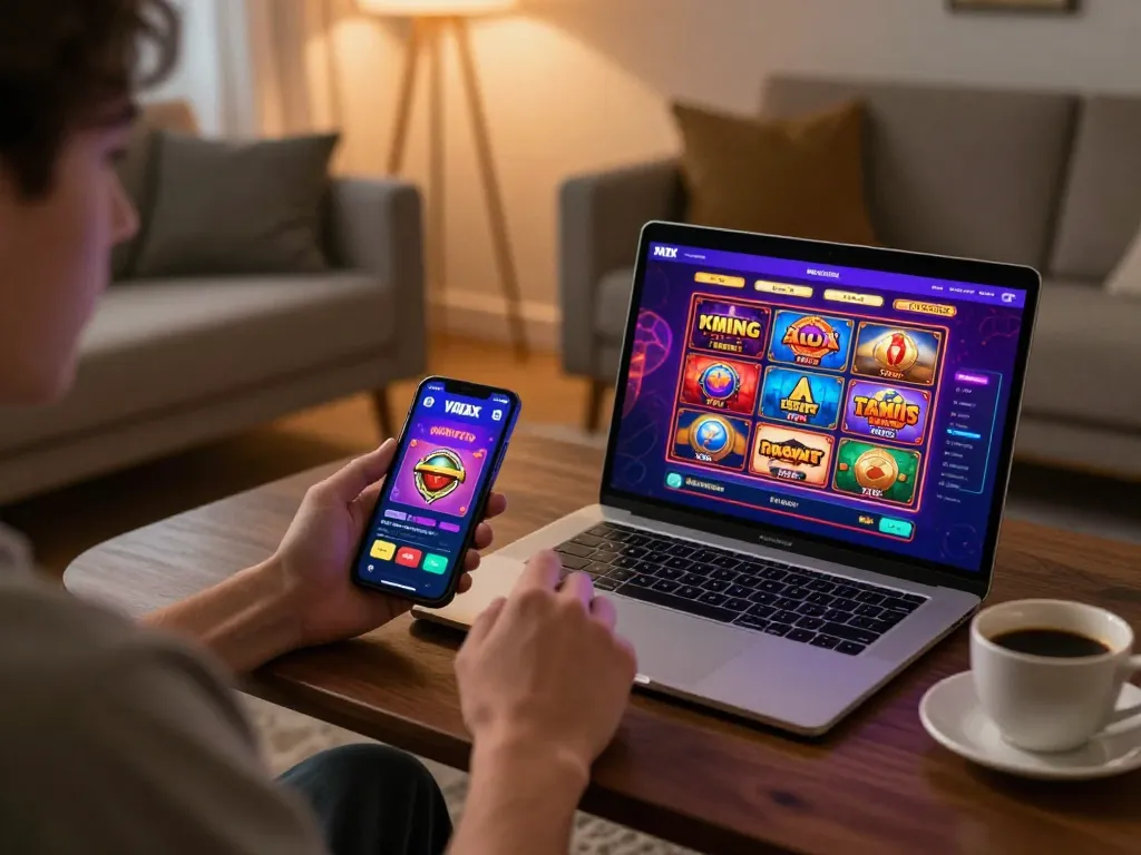 Player enjoying Vmax ok on mobile device at home with engaging slot games.