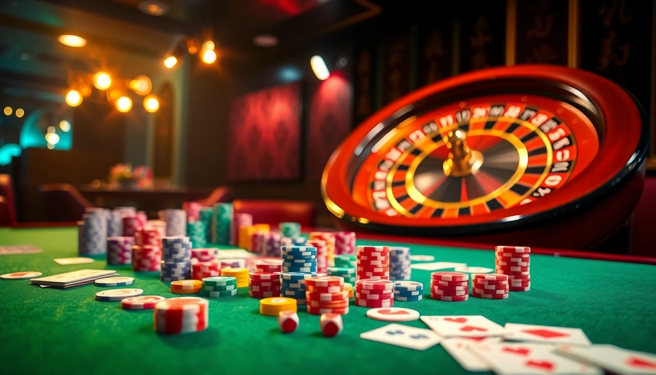 Experience the thrill of gaming at Trang Chủ OK8386 with vibrant casino elements and an inviting atmosphere.