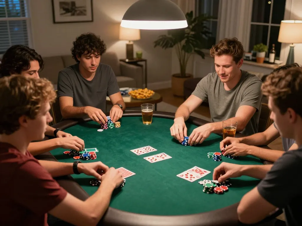 Players enjoying a lively poker game at home while using GK88 com app for strategies and bets
