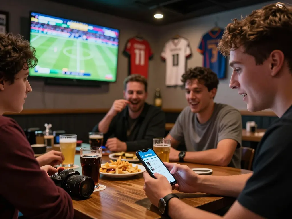 Person engaging in sports betting with NET88 app in a lively sports bar, capturing excitement and technology.