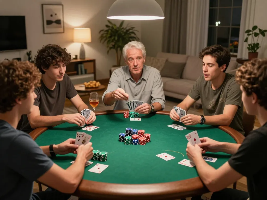 Friends playing poker at home, enjoying the game while engaging in strategy discussions with the vibrant spirit of 33win