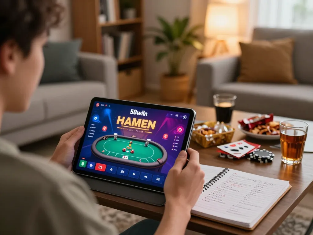 Engaged player using the 58wiin app on a tablet for online poker, creating an inviting gambling atmosphere
