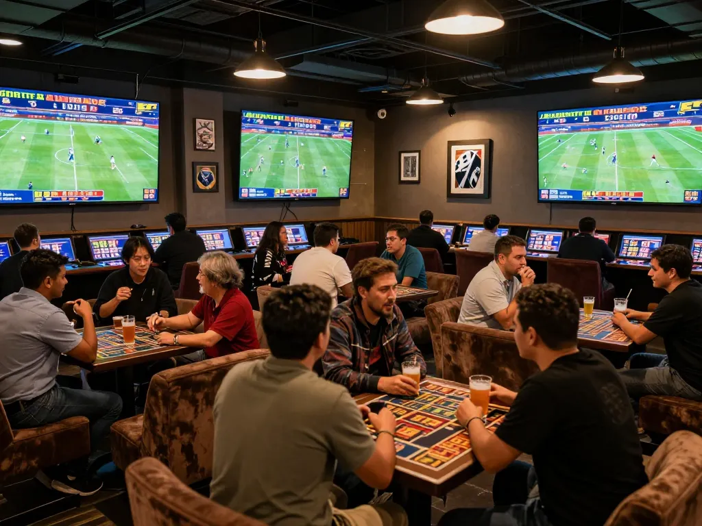 Tỷ Lệ Kèo displayed on screens as bettors engage in competitive sports wagering at a bustling lounge.