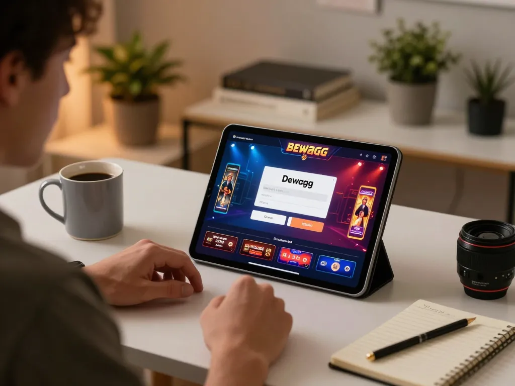 Dewagg login interface on tablet screen in cozy home office setting, showcasing online gaming.