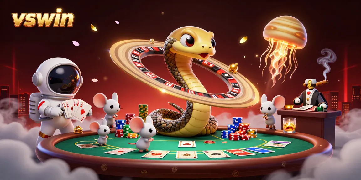 Experience thrilling gambling excitement at vswin with cartoon characters and cosmic elements.
