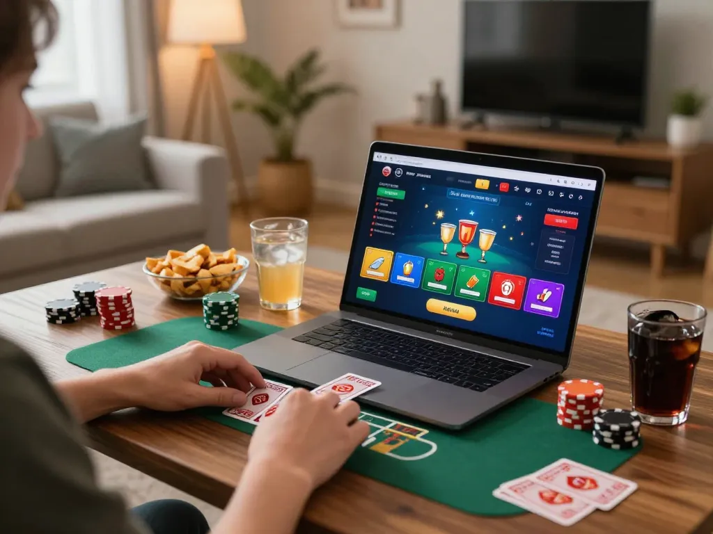 Person enjoying rr 88 online blackjack in a cozy home setup with snacks and warm lighting