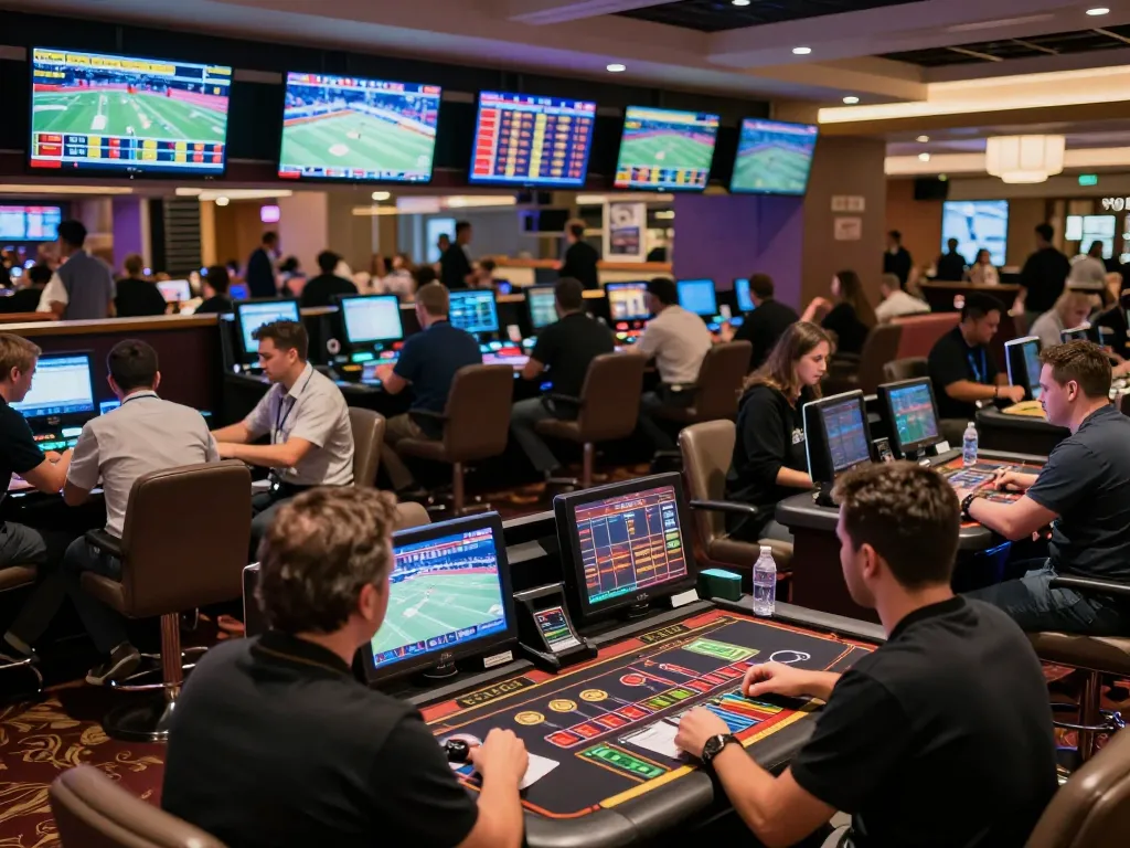 Bettors engaging with live sports betting at abc8go, capturing excitement and strategic plays in a modern atmosphere