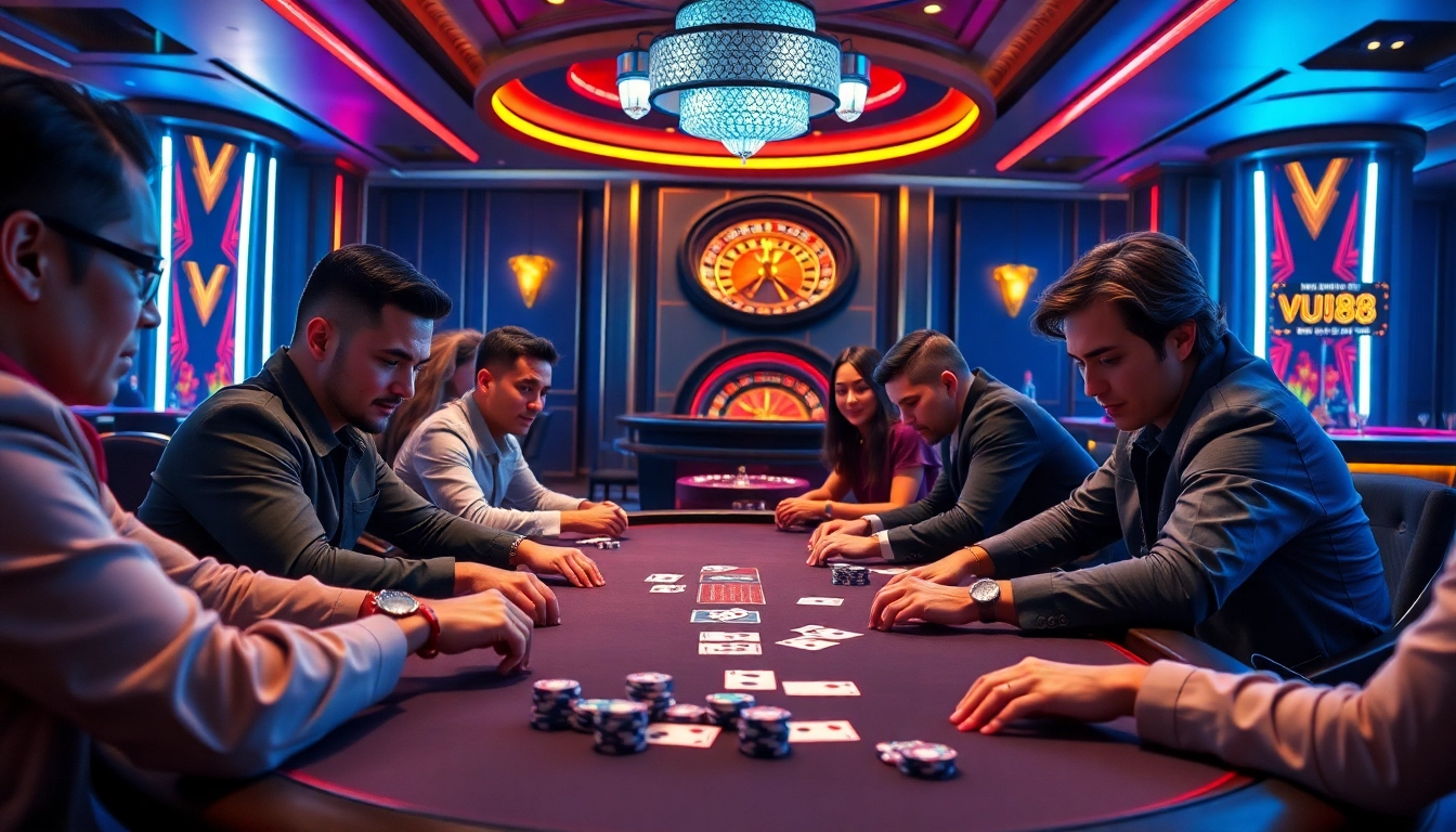 Capture the intense poker action at VU88, showcasing players engaged in high-stakes gambling.
