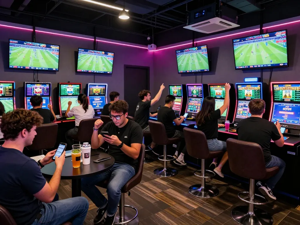 Fans intensely engaging with sports bets and betting odds at keonhacaii88 in a lively lounge