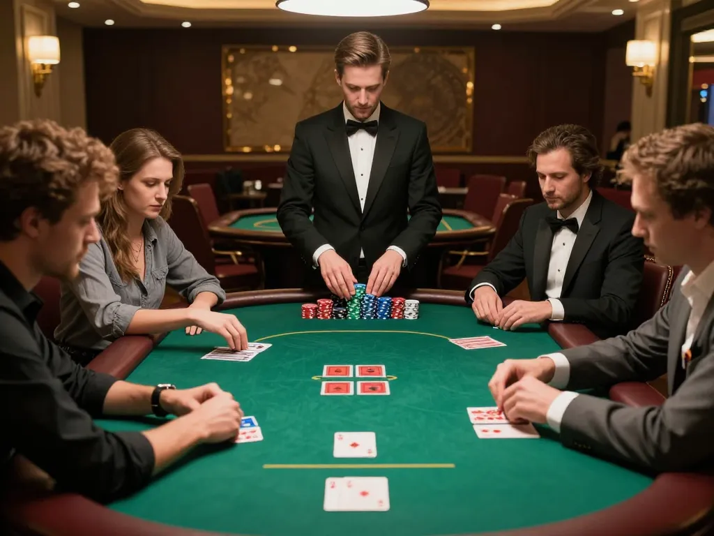 N88 poker players strategizing during a high-stakes game at an upscale casino.