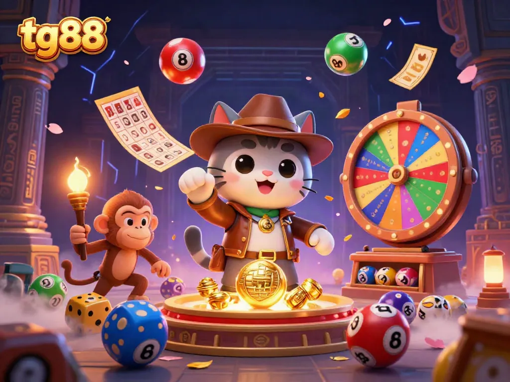 Engage with the thrilling tg88 casino experience, discovering golden artifacts amidst colorful lottery elements and dynamic game visuals.