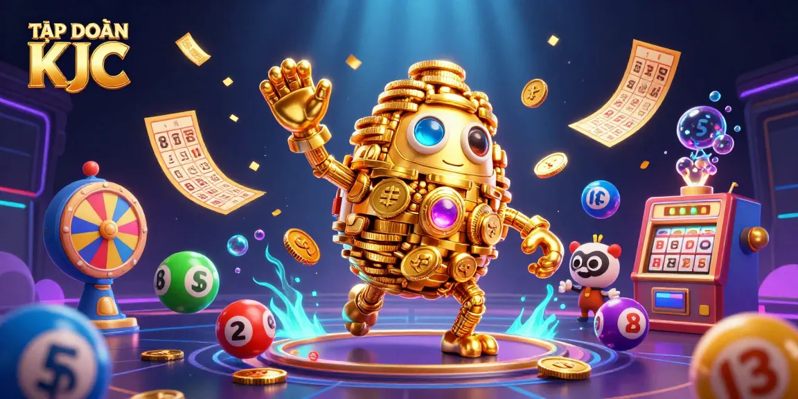TẬP ĐOÀN KJC showcases an epic gaming atmosphere with vibrant lottery elements and a playful golden golem.