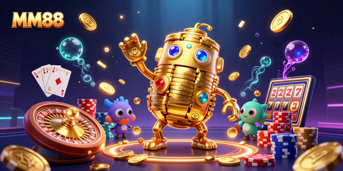 Experience exciting wins with MM88's 3D golden golem amidst cascading coins and high-stakes casino games.