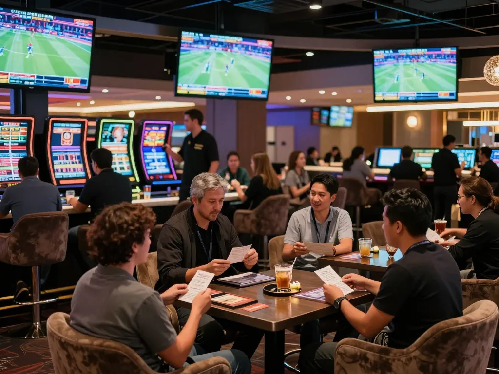 Exciting sports betting scene at a casino with patrons analyzing keonhacai odds and live events.