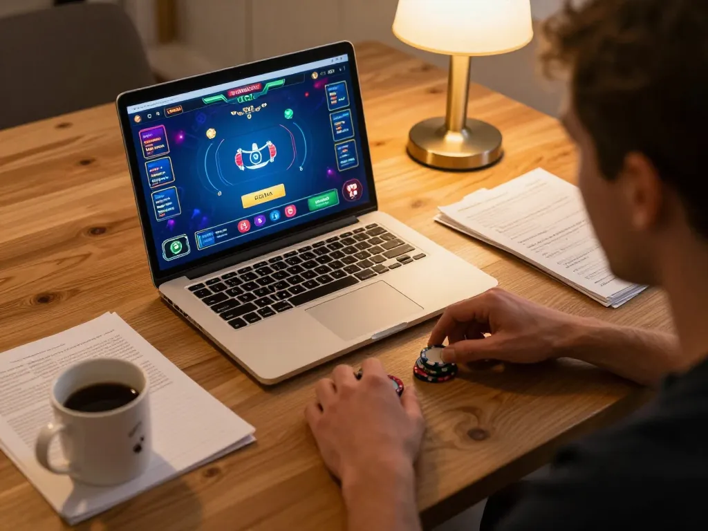 Engaged player experiencing online poker excitement at onbet. com with laptop and strategy notes.