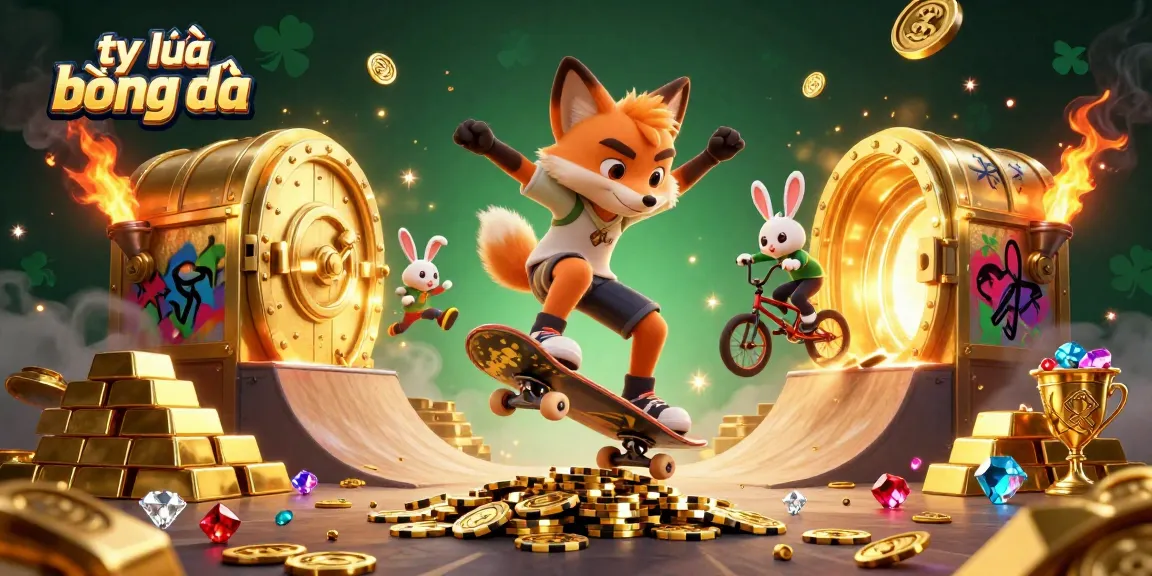 Bet on tỷ lệ bóng đá with exciting visuals of a skateboarder fox and BMX rabbit in a vibrant casino scene.