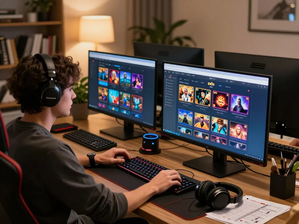 Experience top game bài đổi thưởng with a stylish home gaming setup, showcasing poker and slots on multiple screens
