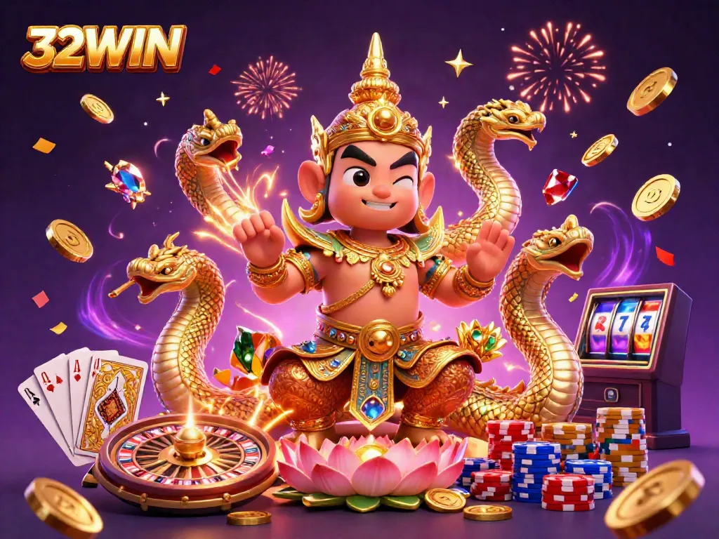Experience exciting gaming at 32WIN illustrated with vibrant characters and casino elements.