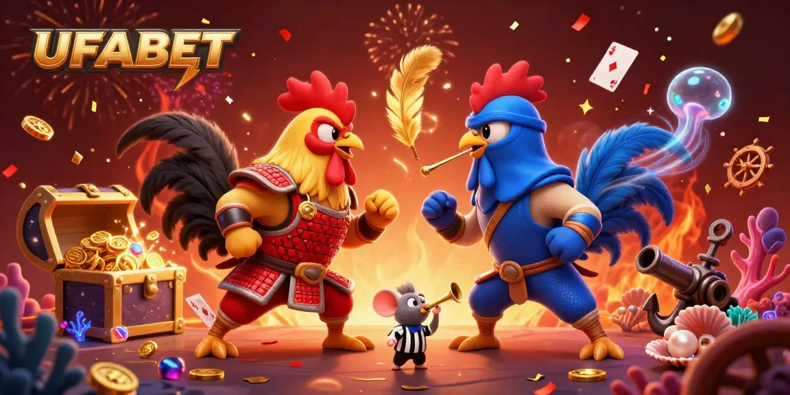Experience dynamic betting action with UFABET as fighting roosters in samurai and ninja gear face off amidst confetti and festive decorations.