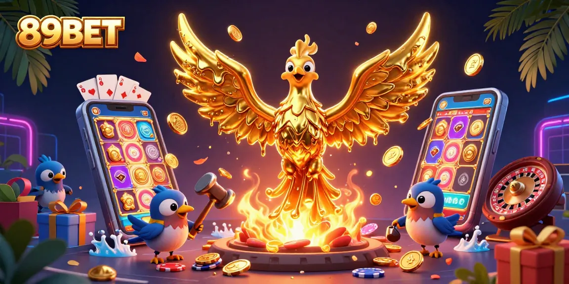 Win big with 89BET, featuring a golden phoenix and vibrant casino elements in a dynamic 3D scene.