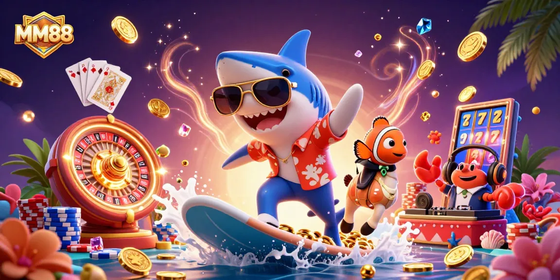 Experience MM88 thrills with a shark surfer and vibrant casino elements in a dazzling scene
